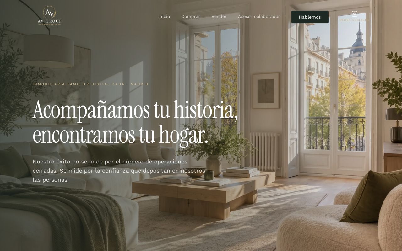 Captura de la página de inicio de AV Group Properties, web inmobiliaria diseñada por Musomonte Studio