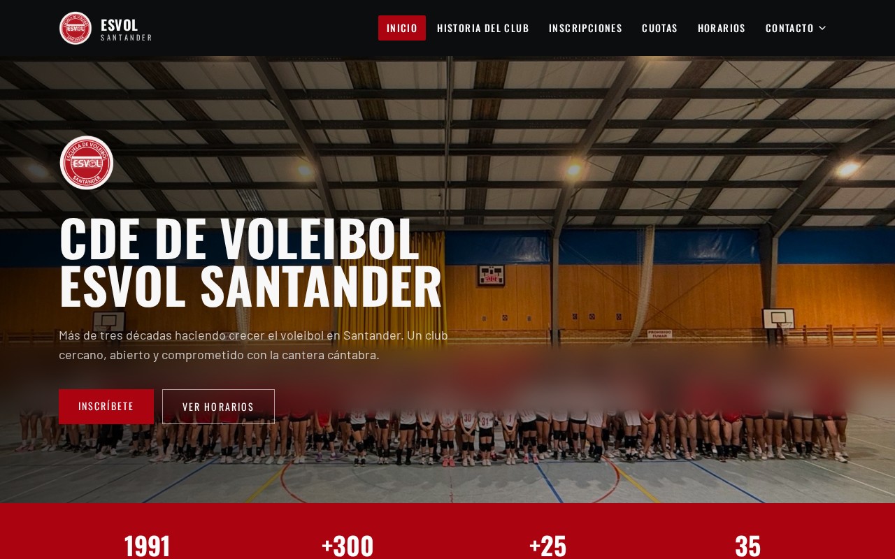 Captura de la página de inicio de la web del club de voleibol ESVOL Santander, diseñada por Musomonte Studio